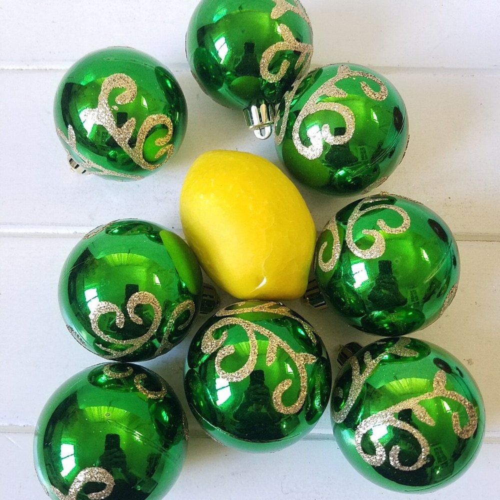 Set of 8 Shiny Green Ball Ornaments with Gold Glitter Accent